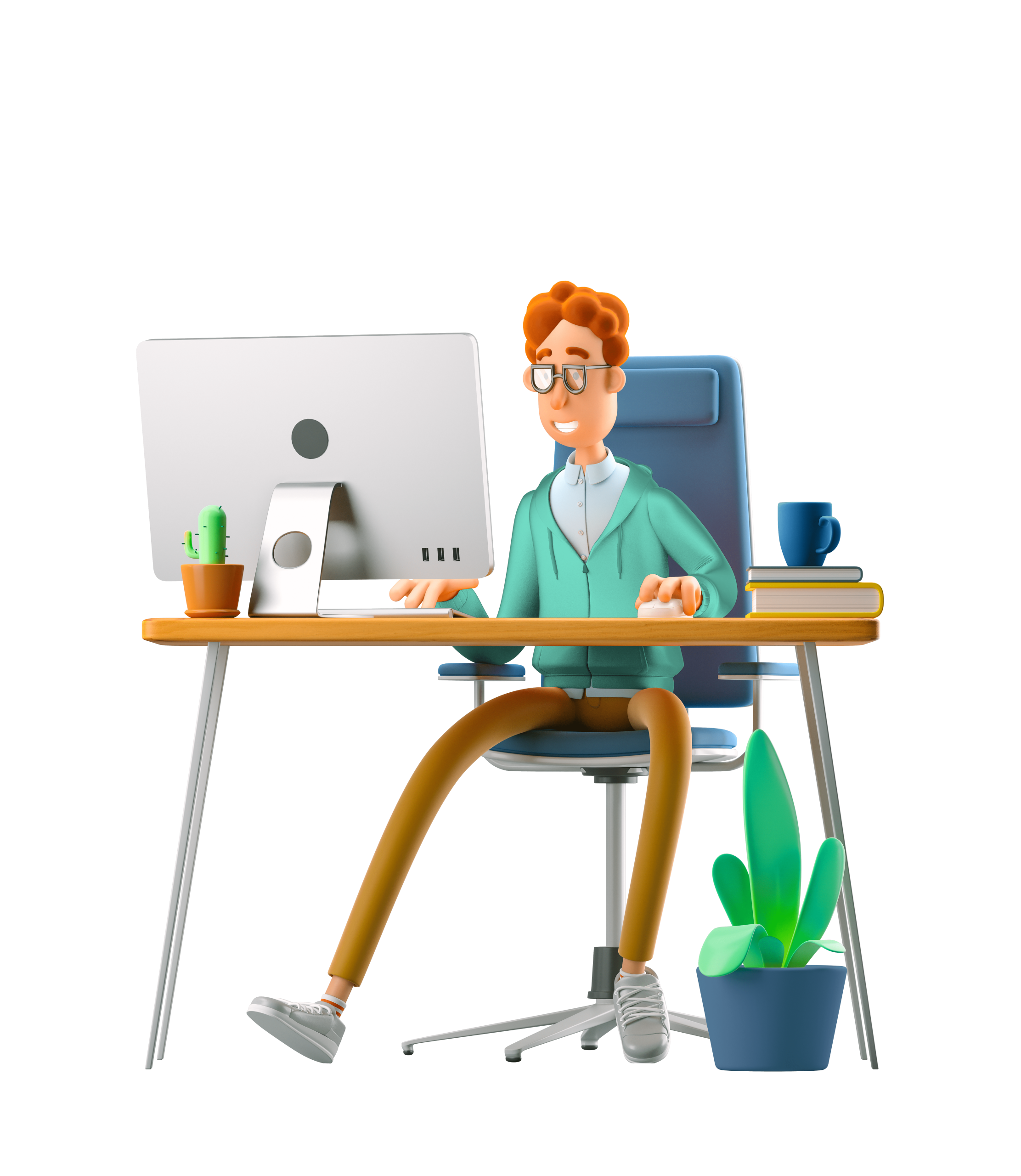 Avatar sitzt am Schreibtisch an seinem Computer, Prozesse App Lösungen Dienstleitungen