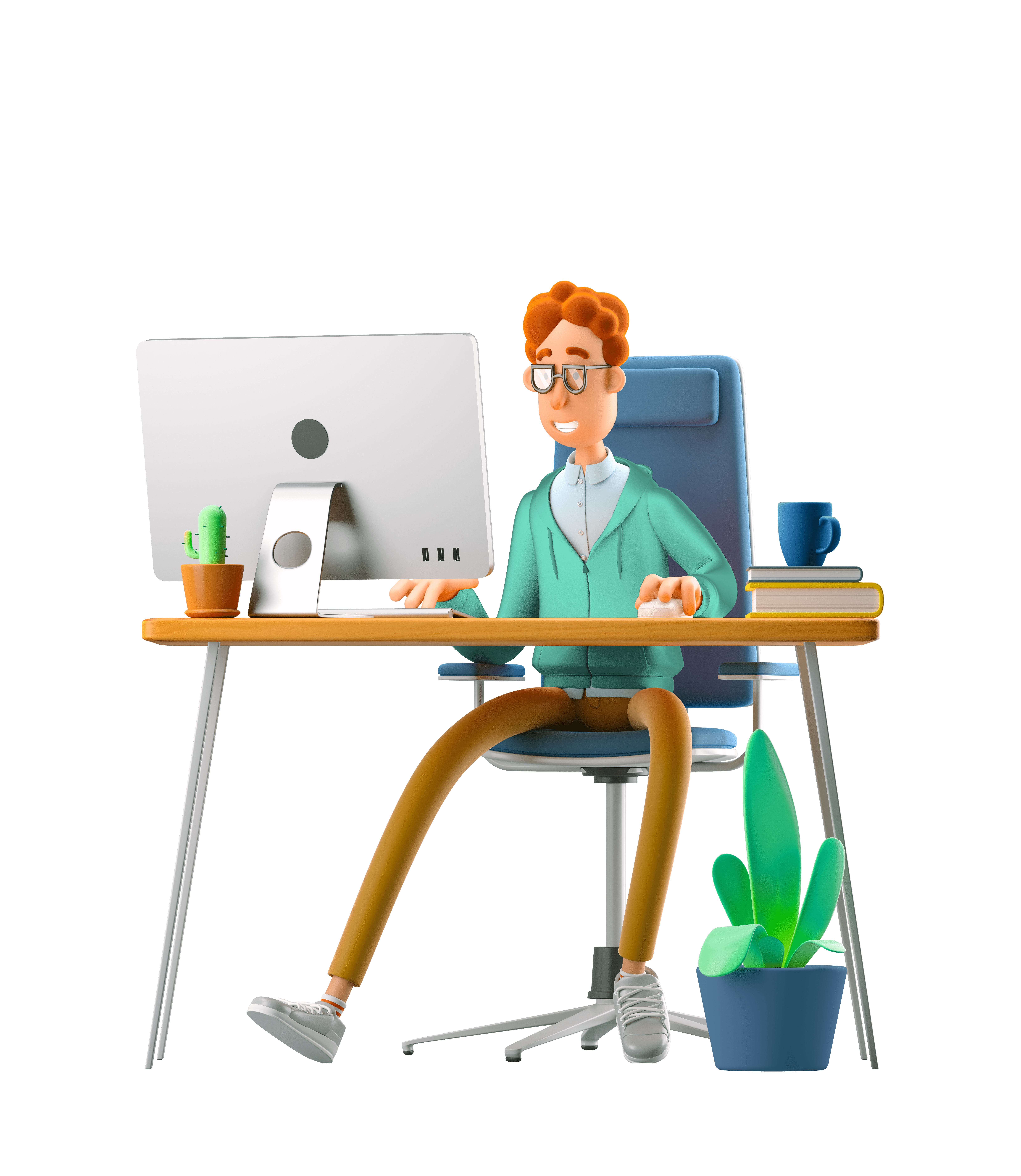 Avatar sitzt am Schreibtisch an seinem Computer, Prozesse App Lösungen Dienstleitungen