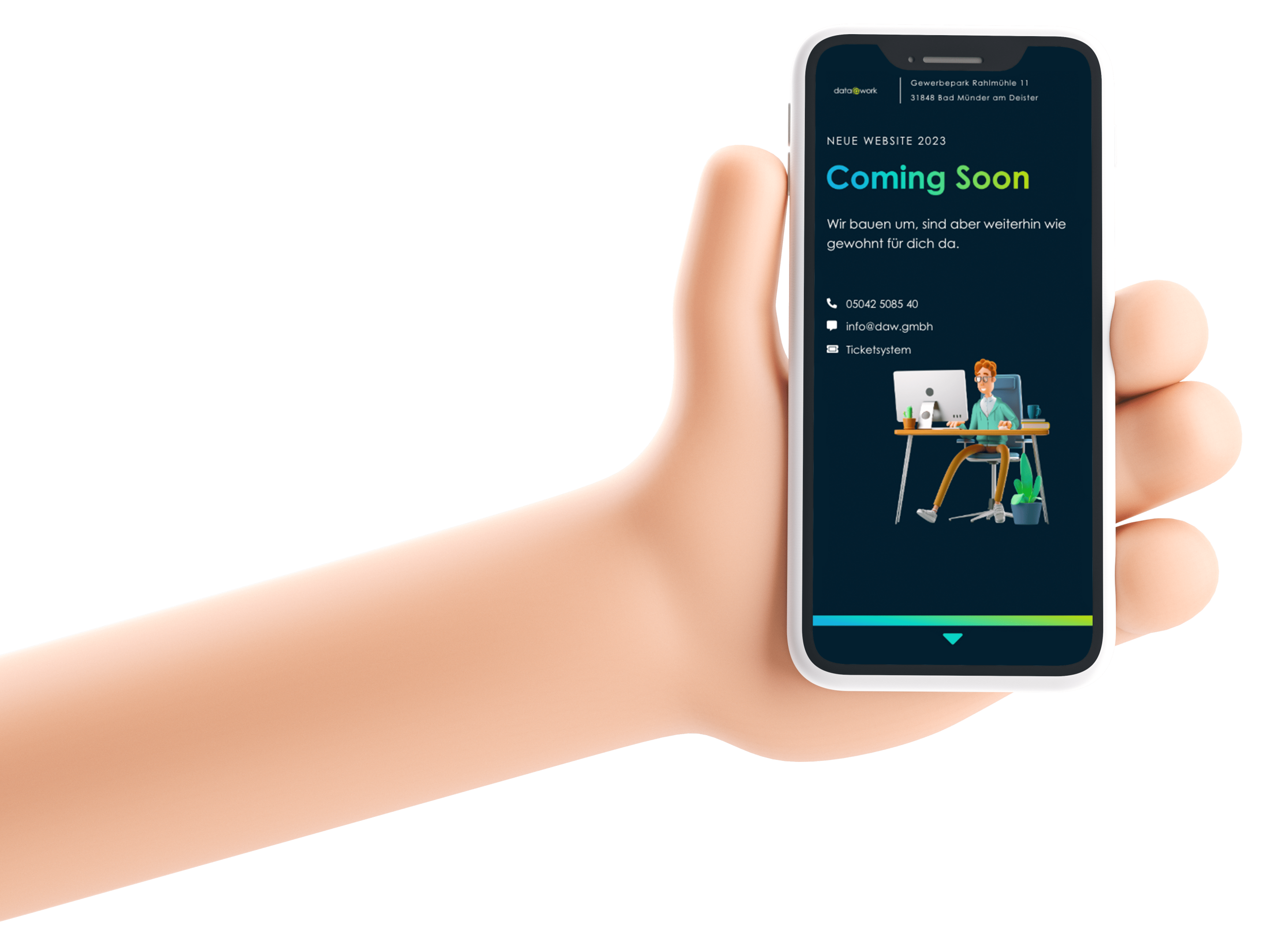 Avatar Hand mit Smartphone und darstellung der data@work coming soon website, website referenzen kunden responsive darstellung beispiele inspiritation coming soon