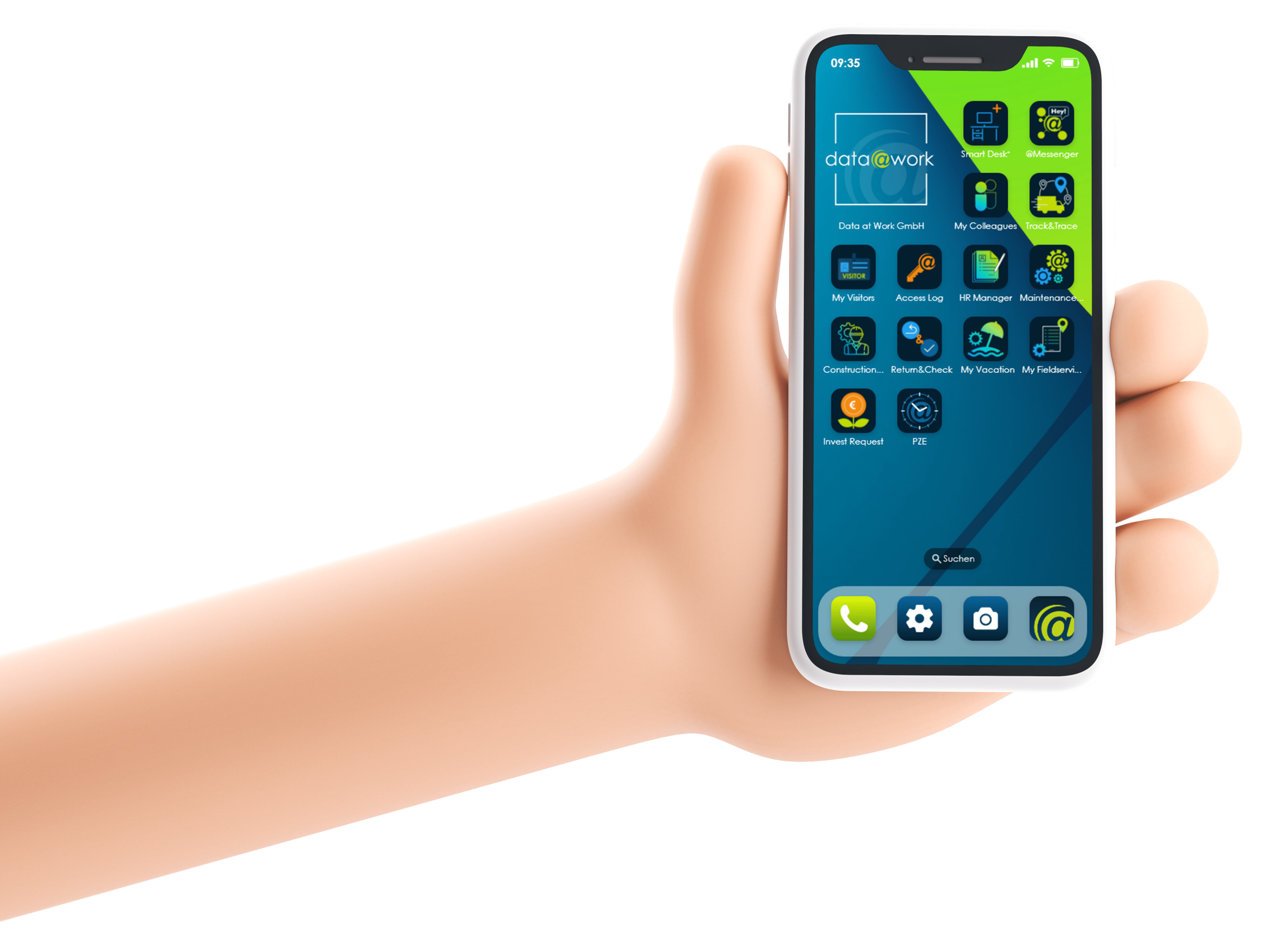 Darstellung der data@work App Icons in einer Übersicht, App Portfolio Entwicklung Urlaubsplaner Messenger Zeiterfassung digitale Prozesse Shop mobile Apps PowerApps Xamarin Maui Schnittstellen DSGVO