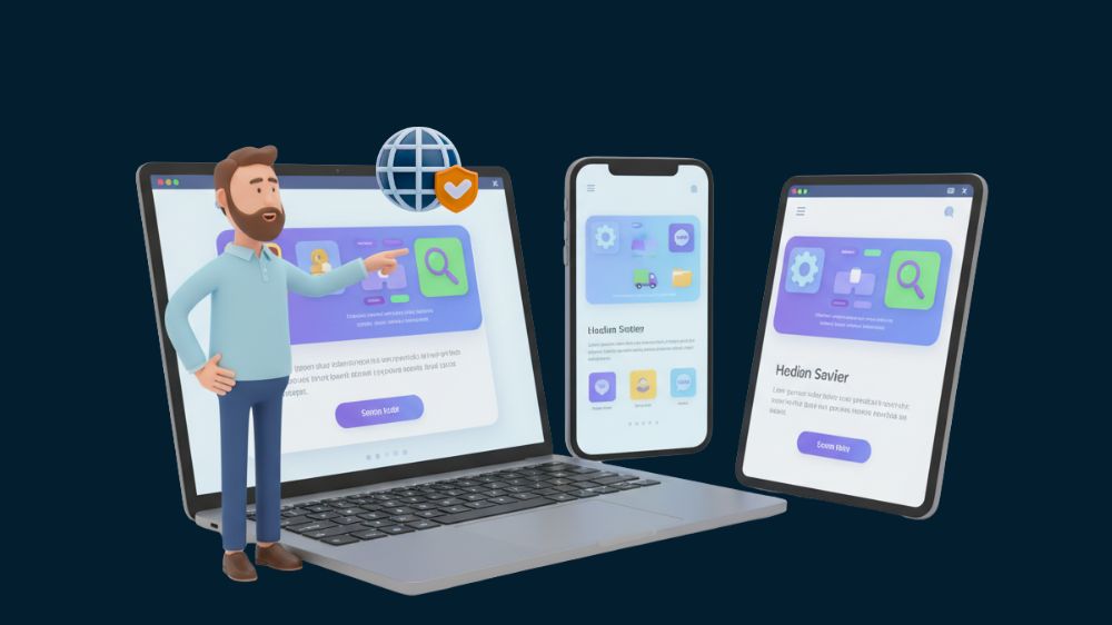 Avatar zeigt Webapplikation auf einem Laptop Smartphone und Tablet
